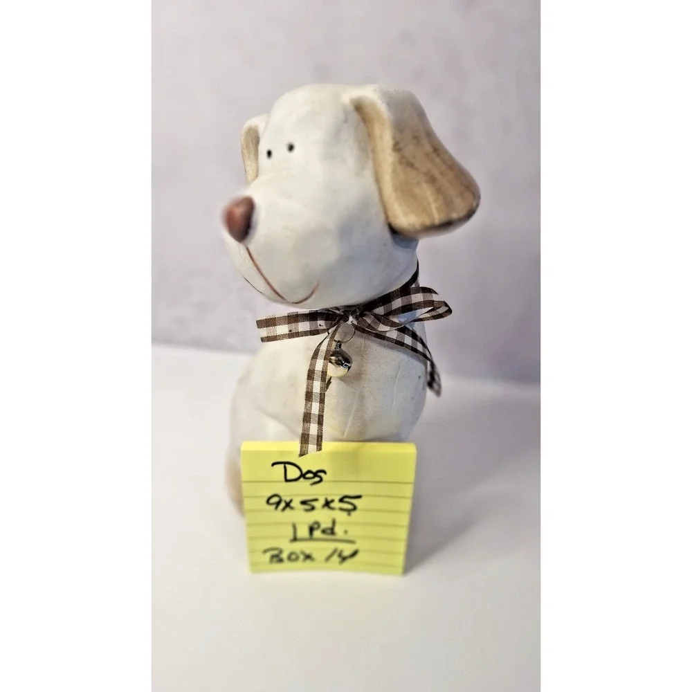 Wood Decorative Dog Figurine with Checkered Ribbon Bow